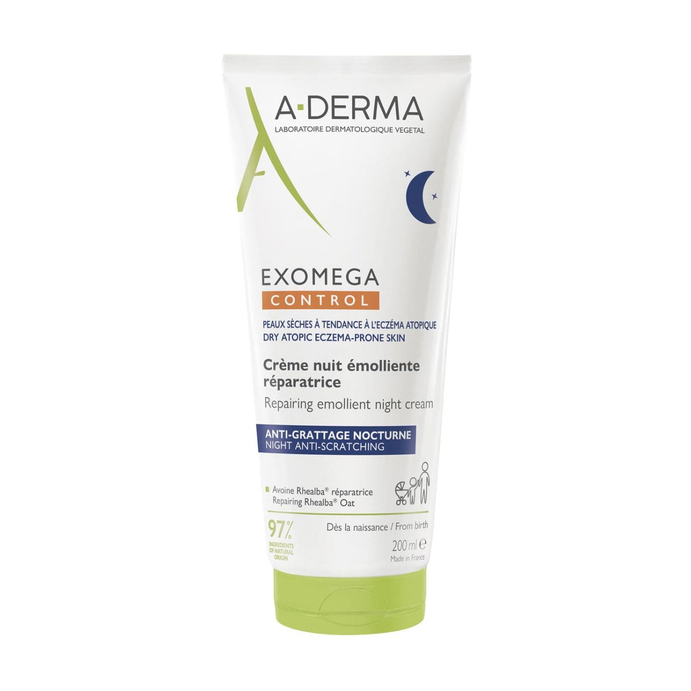 Нічний відновлювальний крем для обличчя та тіла A-Derma Exomega Control Repairing Emolient Night Cream для сухої шкіри, схильної до атопії, 200 мл